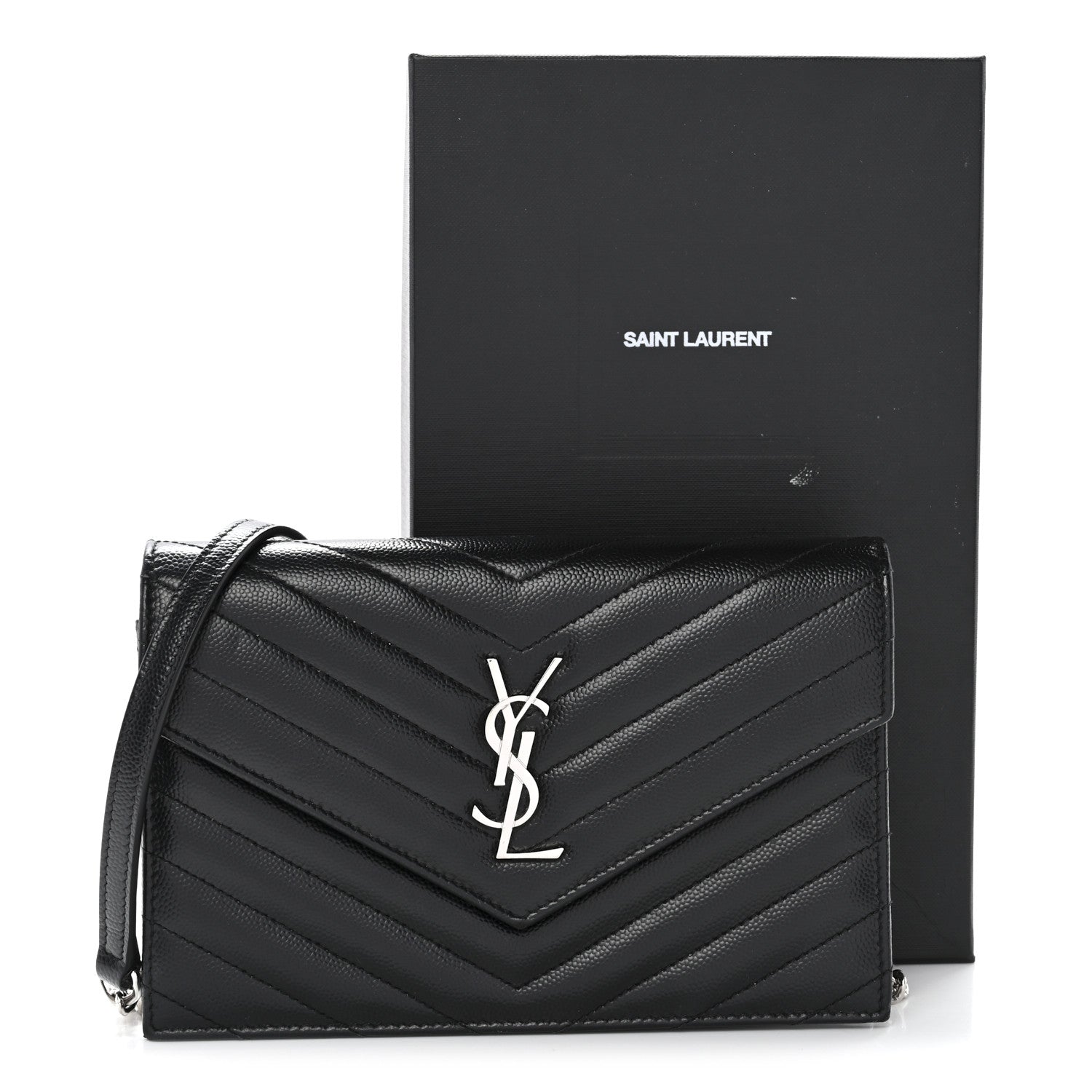 Saint Laurent Grain De Poudre Matelasse Chevron Monogram Envelope Chain Wallet Black 10 of 10