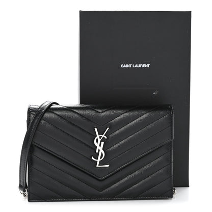 Saint Laurent Grain De Poudre Matelasse Chevron Monogram Envelope Chain Wallet Black 10 of 10