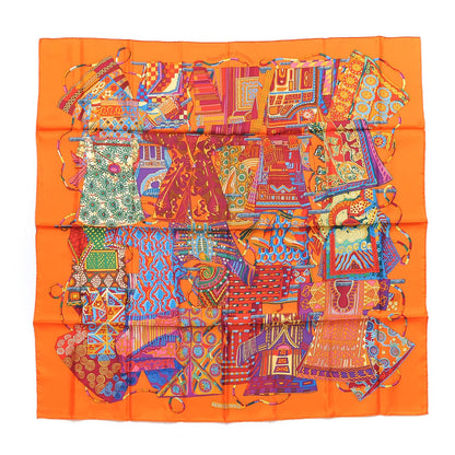 Hermes Silk Voyage En Etoffes Scarf 90 Orange Violet Jaune 1 of 7