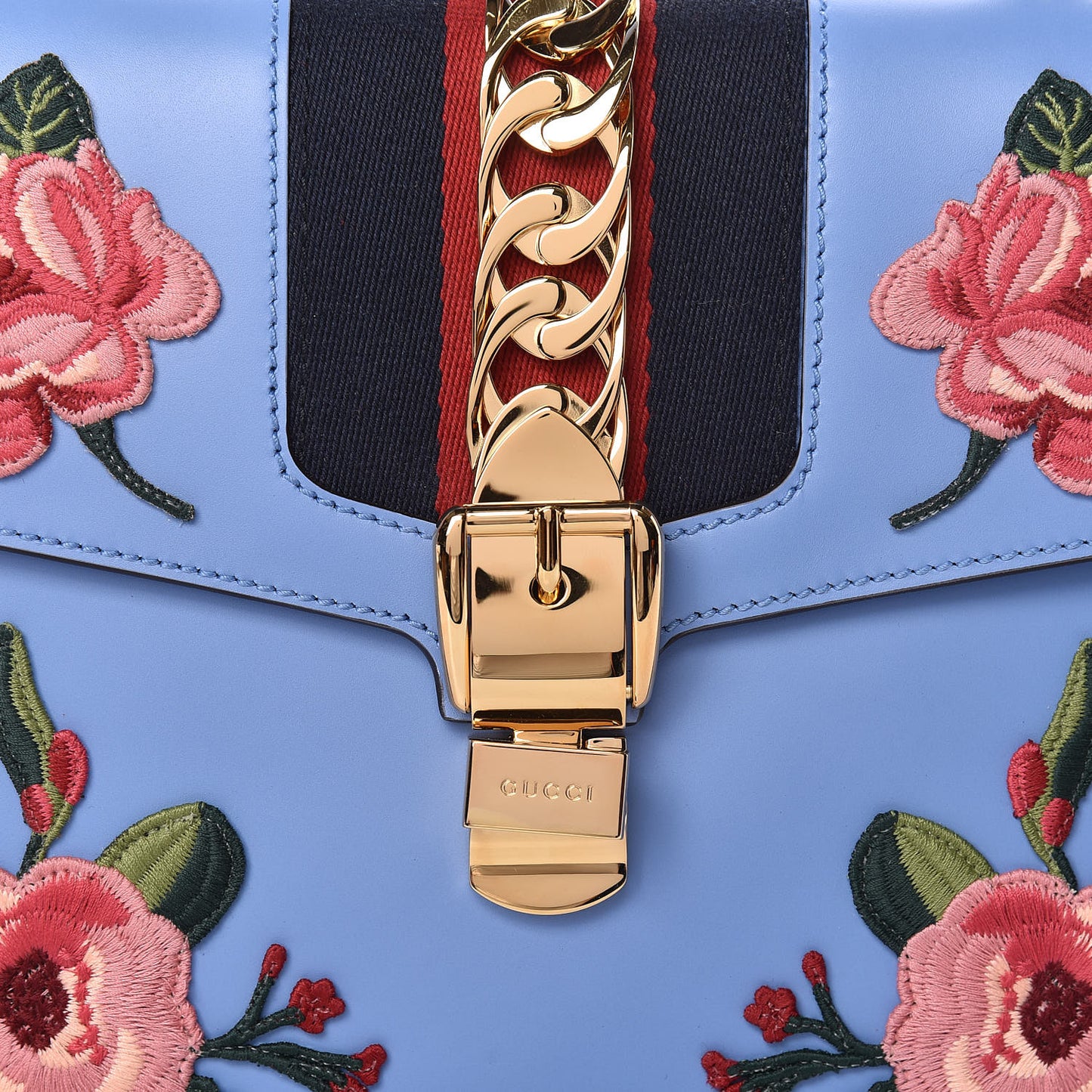 Calfskin Embroidered Medium Sylvie Top Handle Bag Clear Sky Blue