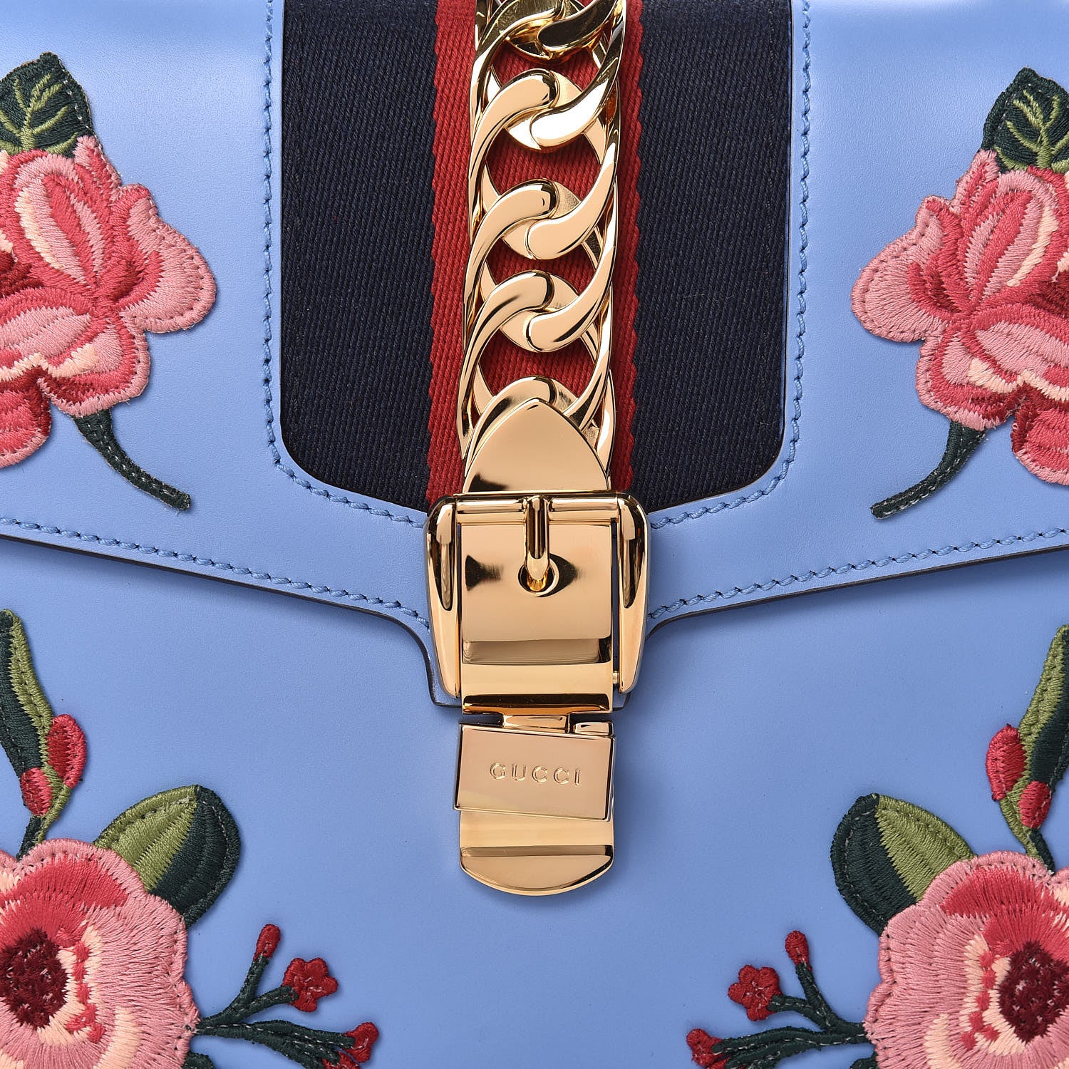 Gucci Calfskin Embroidered Medium Sylvie Top Handle Bag Clear Sky Blue 8 of 10