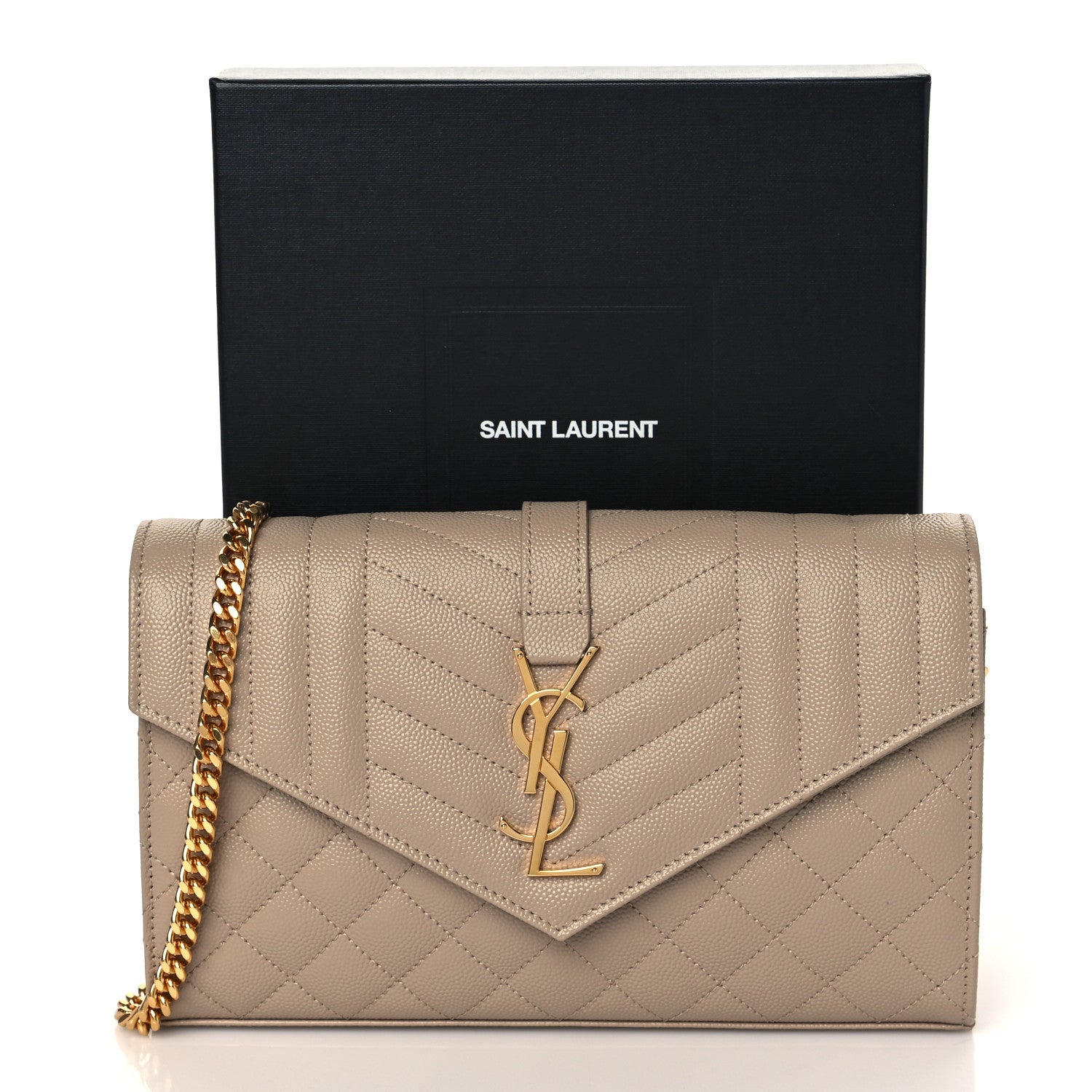 Saint Laurent Grain De Poudre Mixed Matelasse Triquilt Monogram Chain Wallet Dark Beige 10 of 10