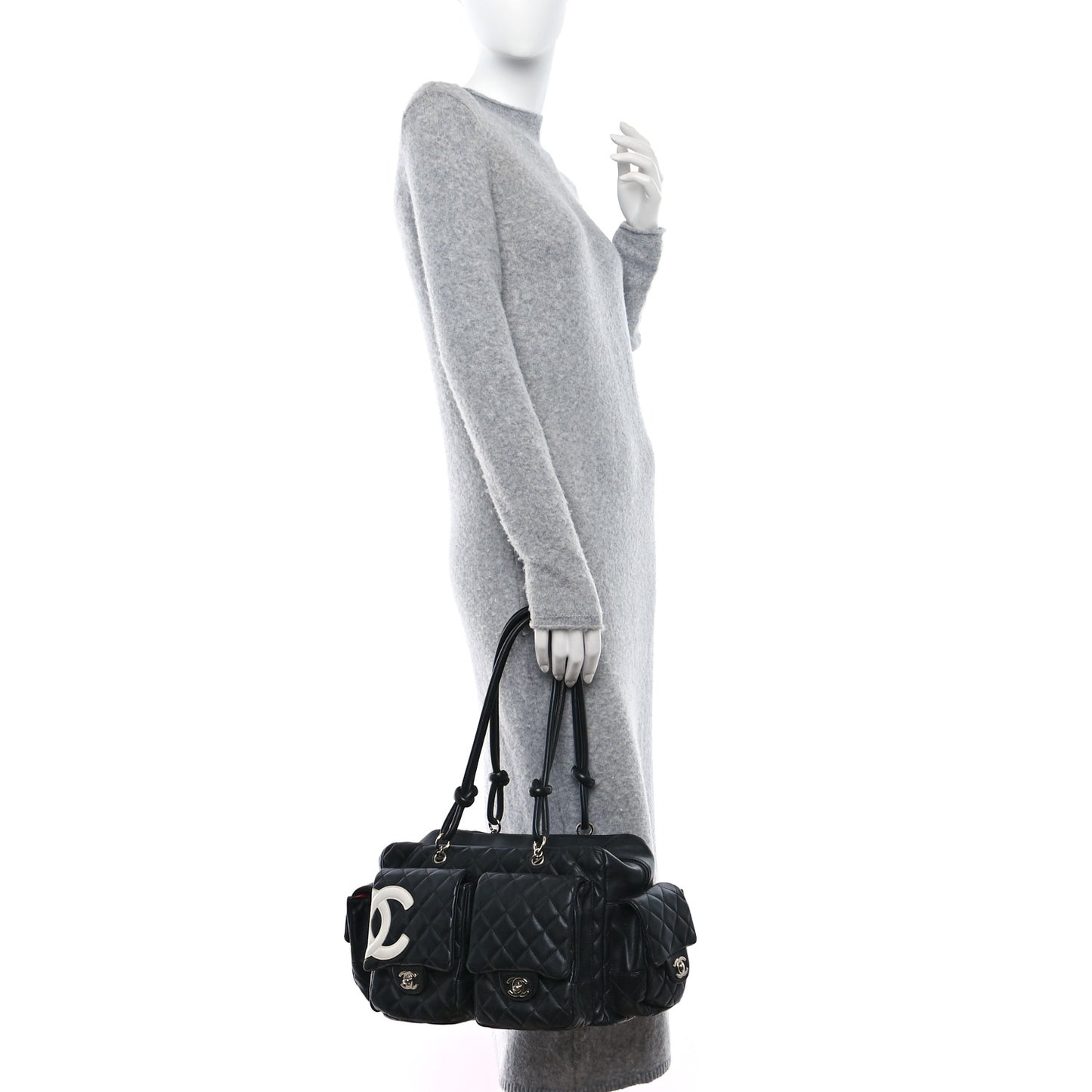 Calfskin Quilted Large Cambon Multipocket Reporter Black White
