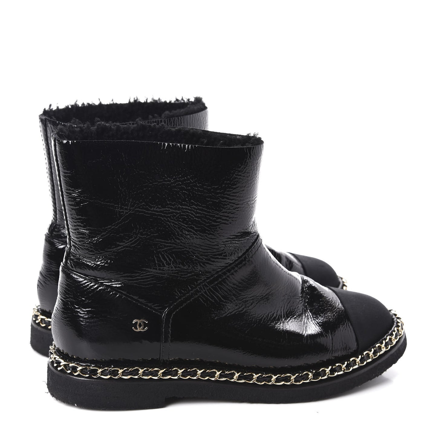 Crumpled Calfskin Shearling Womens Cap Toe Chain Short Boots 39 Black