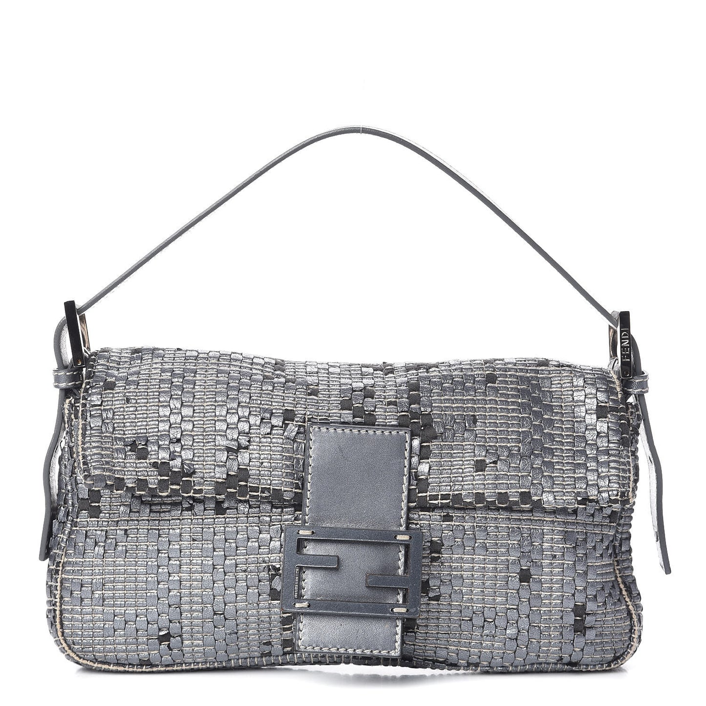 Metallic Lambskin Woven Baguette Light Grey