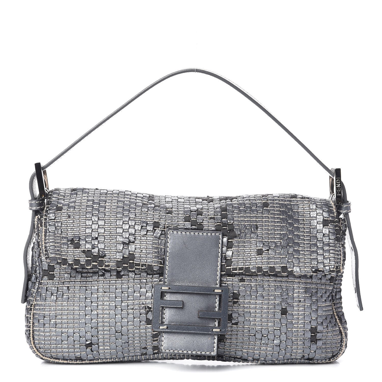 Fendi Metallic Lambskin Woven Baguette Light Grey 1 of 19
