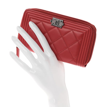Chanel Lambskin Quilted Boy Zip Around Coin Purse Wallet Red 2 of 9