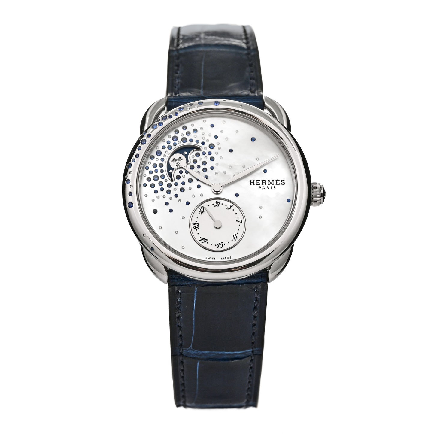 Stainless Steel Alligator Diamond Blue Sapphire Mother of Pearl 38mm Arceau Petite Lune Automatic Watch Bleu Saphir