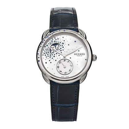 Hermes Stainless Steel Alligator Diamond Blue Sapphire Mother of Pearl 38mm Arceau Petite Lune Automatic Watch Bleu Saphir 1 of 7
