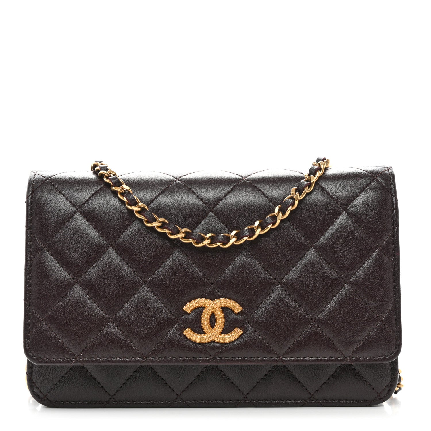 Chanel Lambskin Quilted Studded CC Wallet On Chain WOC Brown 1 of 12