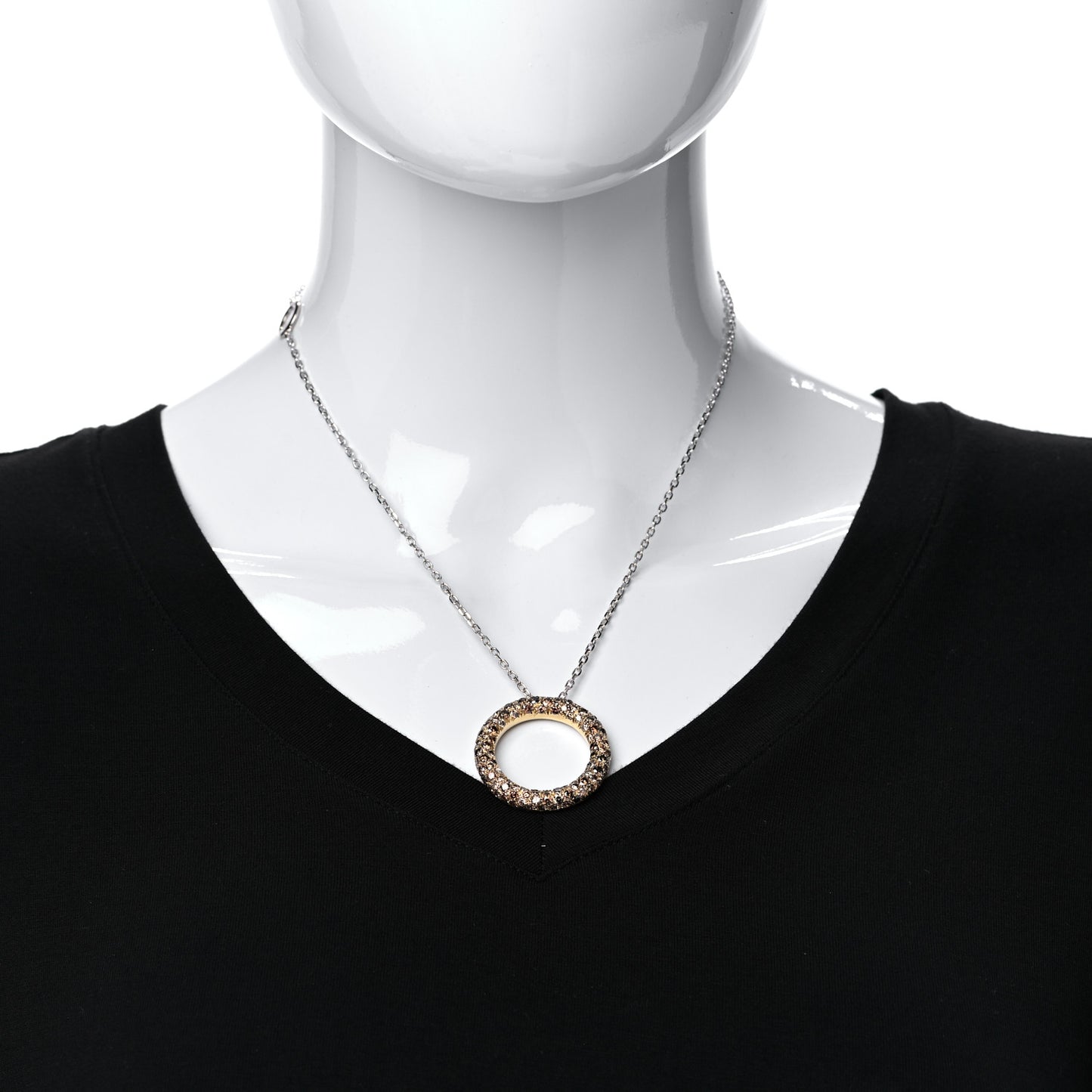 18K Yellow White Gold Brown Diamond Circle Pendant Necklace