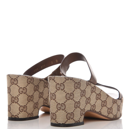 Gucci Monogram Calfskin Wedge Sandals 7 Brown 4 of 9