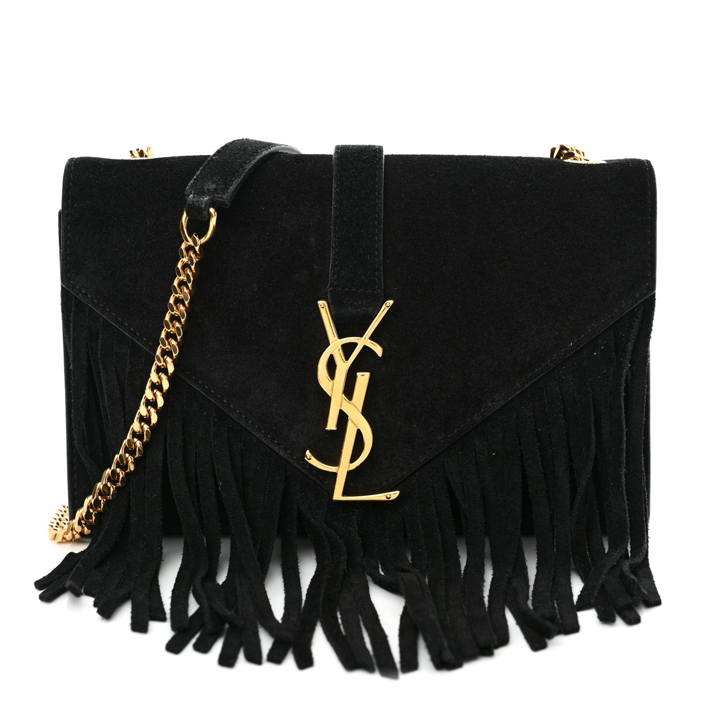 Suede Fringe Small Monogram Satchel Black
