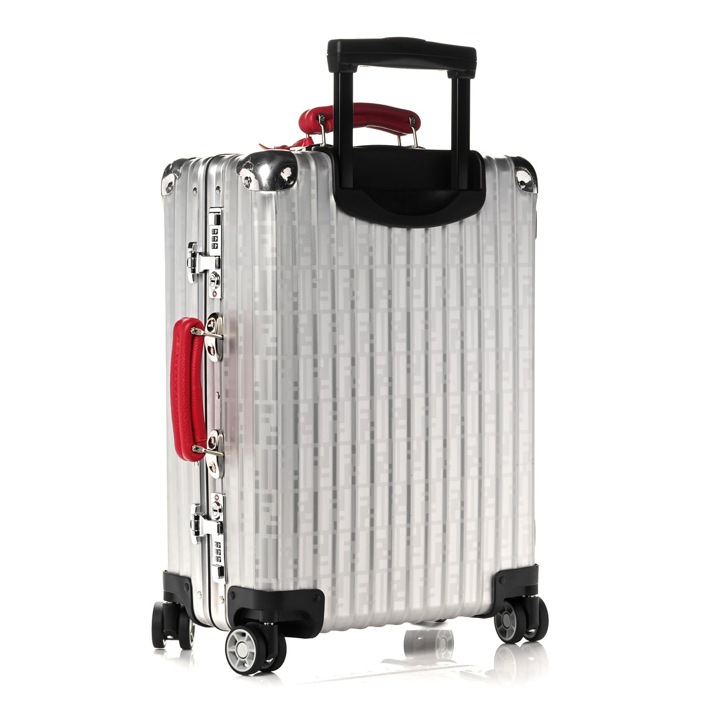X RIMOWA Aluminum FF Print Roll Away Carry On Luggage Silver Red