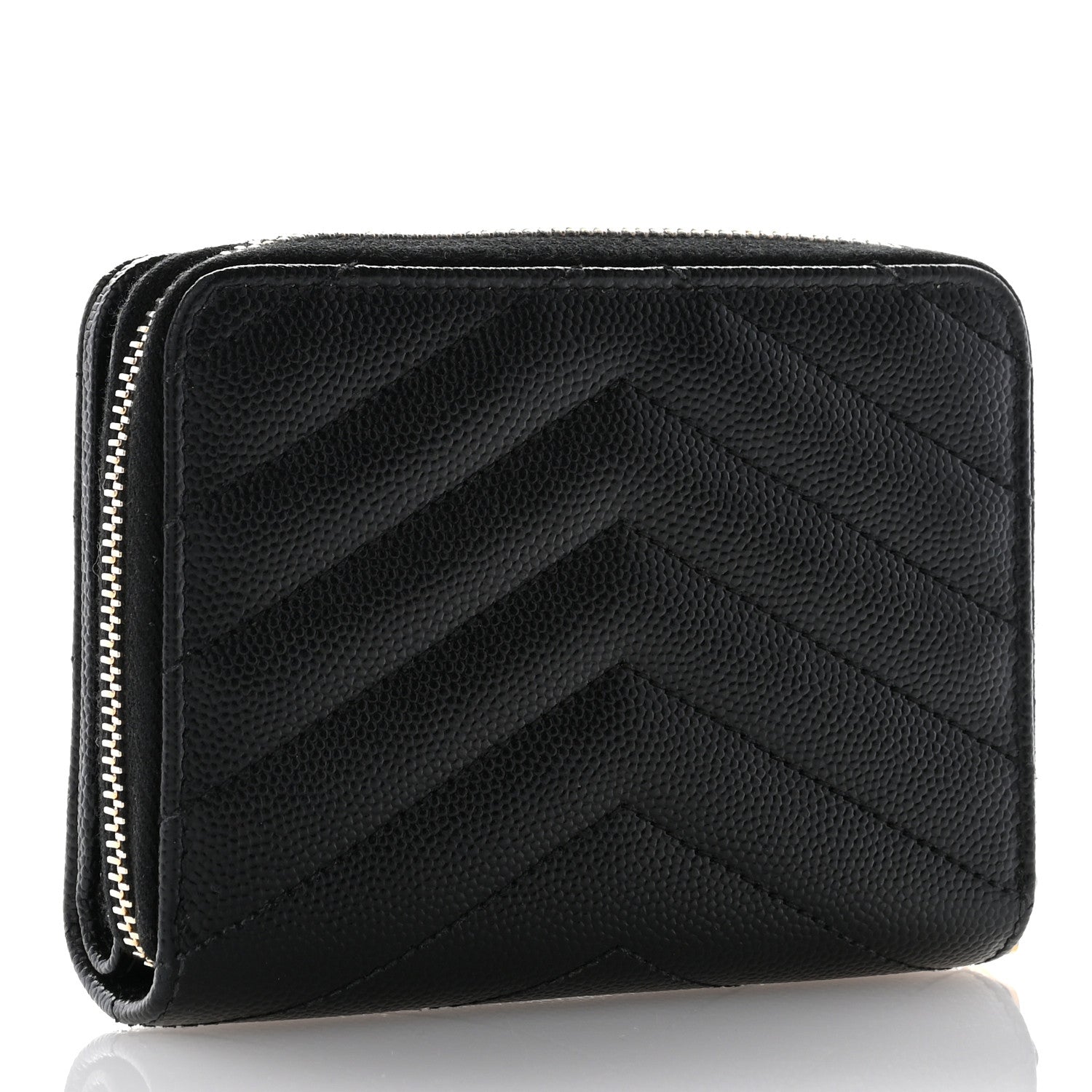 Saint Laurent Grain De Poudre Matelasse Chevron Monogram Compact Zip Around Wallet Black 3 of 8