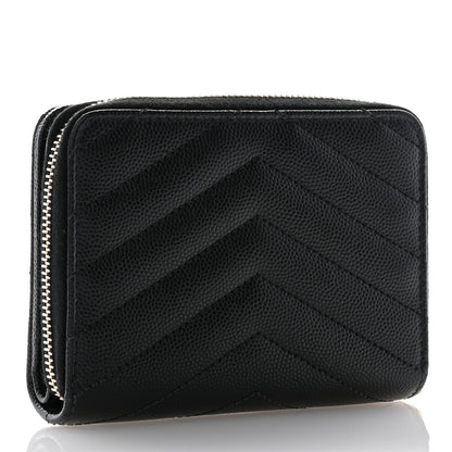 Saint Laurent Grain De Poudre Matelasse Chevron Monogram Compact Zip Around Wallet Black 3 of 8