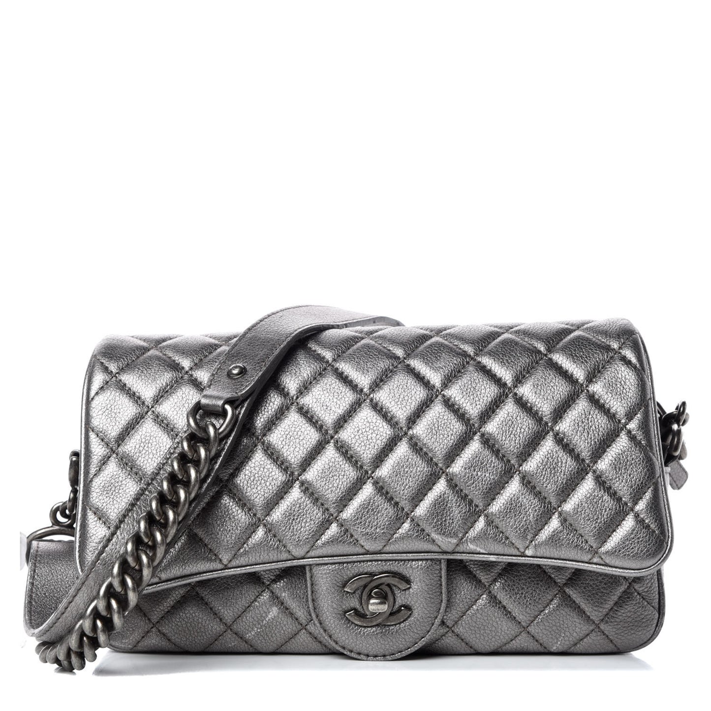 Metallic Calfskin Quilted Small Casual Rock Flap Silver