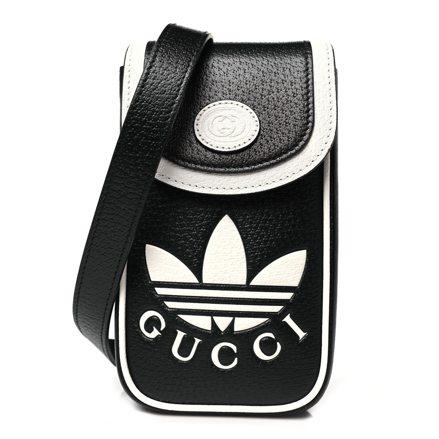 X ADIDAS Textured Dollar Calfskin Trefoil Embossed Phone Crossbody Bag Black Off White