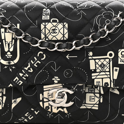 Chanel Satin Airline Printed Medium Double Flap Black White 10 of 10