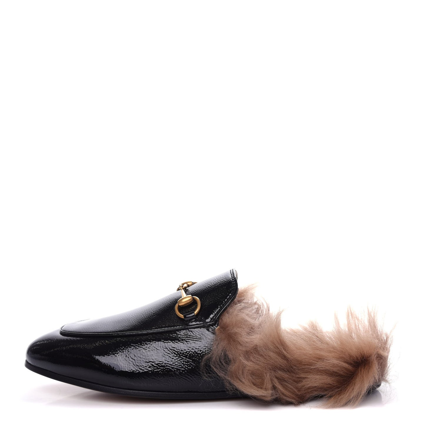Patent Fur Womens Princetown Slippers 38 Black Natural