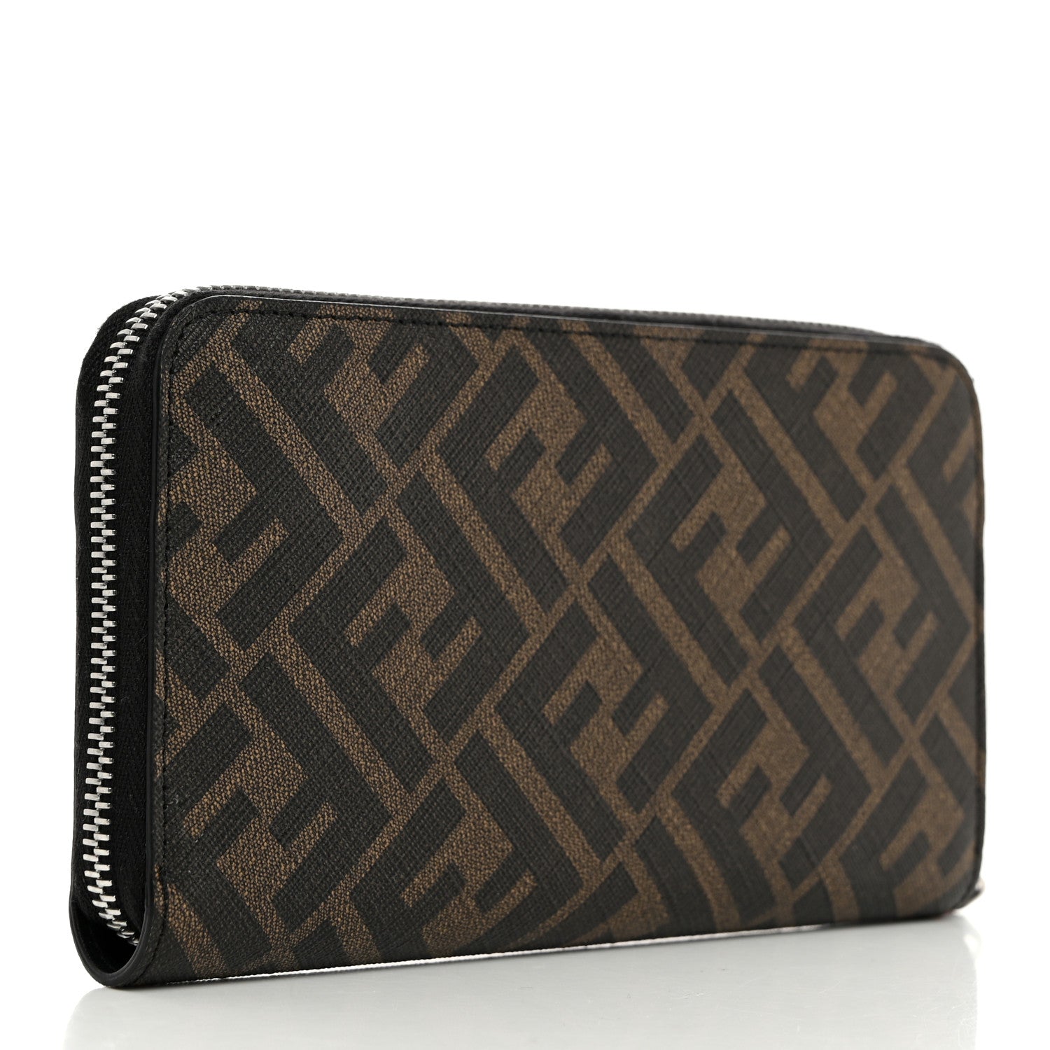 Fendi Glazed Fabric Vitello Liberty FF 1974 Diagonal Zip Around Wallet Tobacco Rosso Black 3 of 7