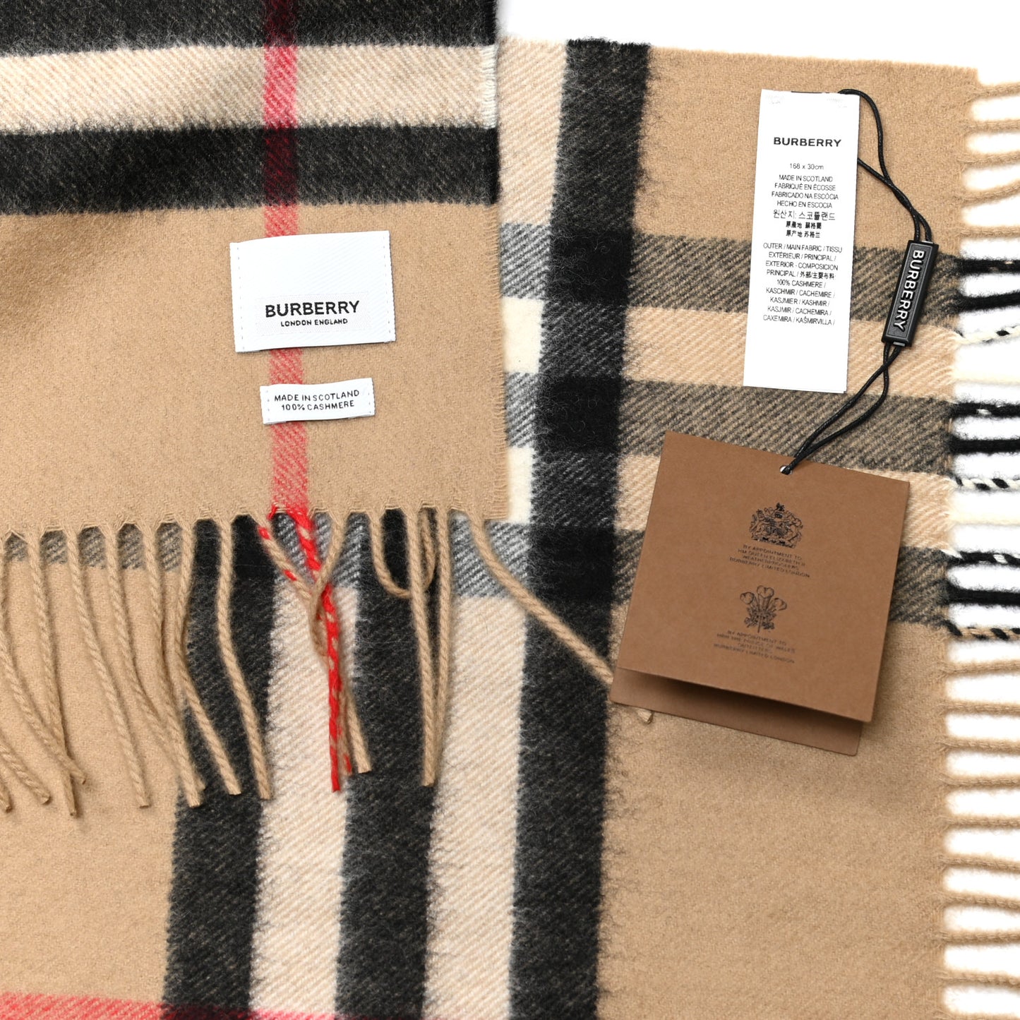 Cashmere Giant Check Fringe Scarf Archive Beige