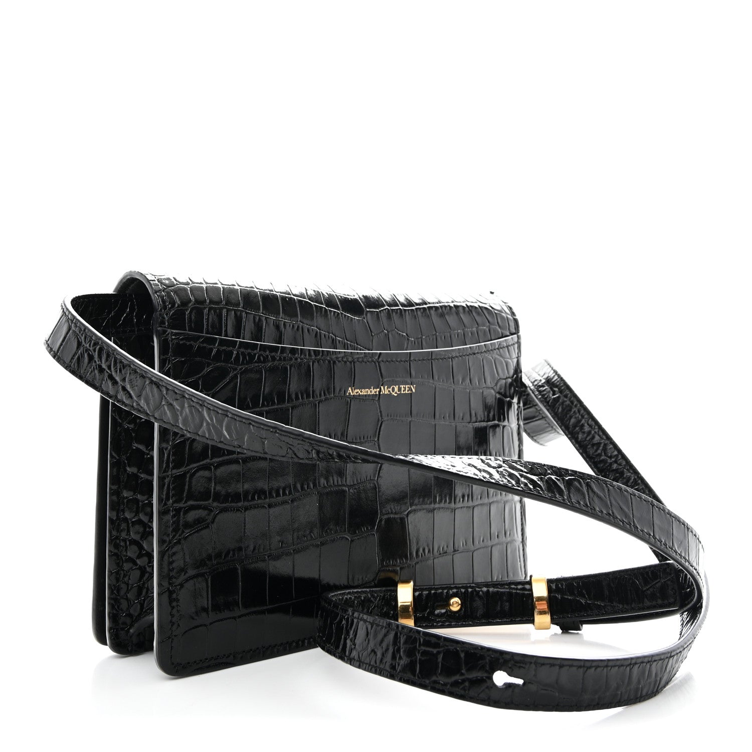 Alexander McQueen Calfskin Crocodile Embossed Four Ring Knuckle Crossbody Bag Black 3 of 12