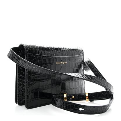 Alexander McQueen Calfskin Crocodile Embossed Four Ring Knuckle Crossbody Bag Black 3 of 12