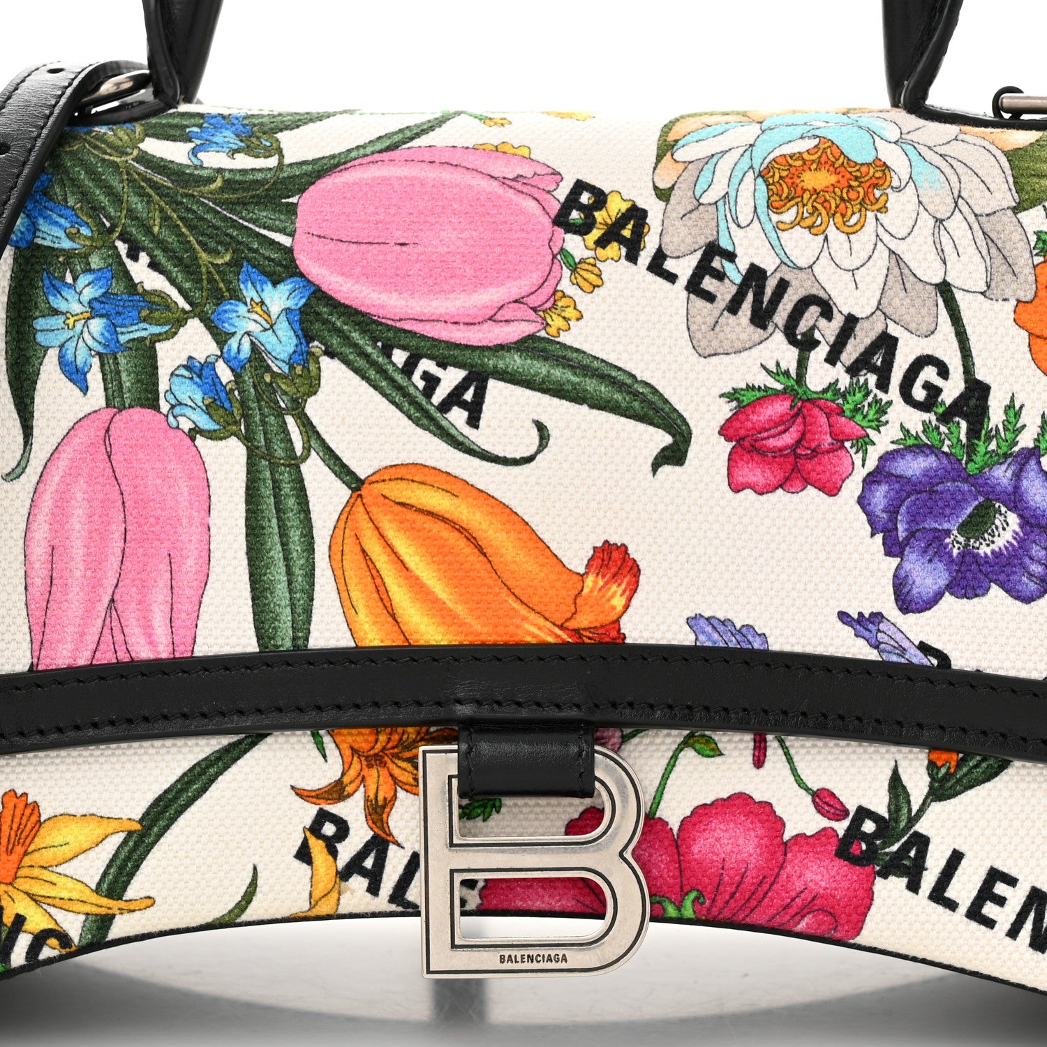Balenciaga X GUCCI Canvas Boarded Plutone Calfskin Flora Logo Print Small Hourglass Top Handle Bag White Multicolor Black 8 of 10