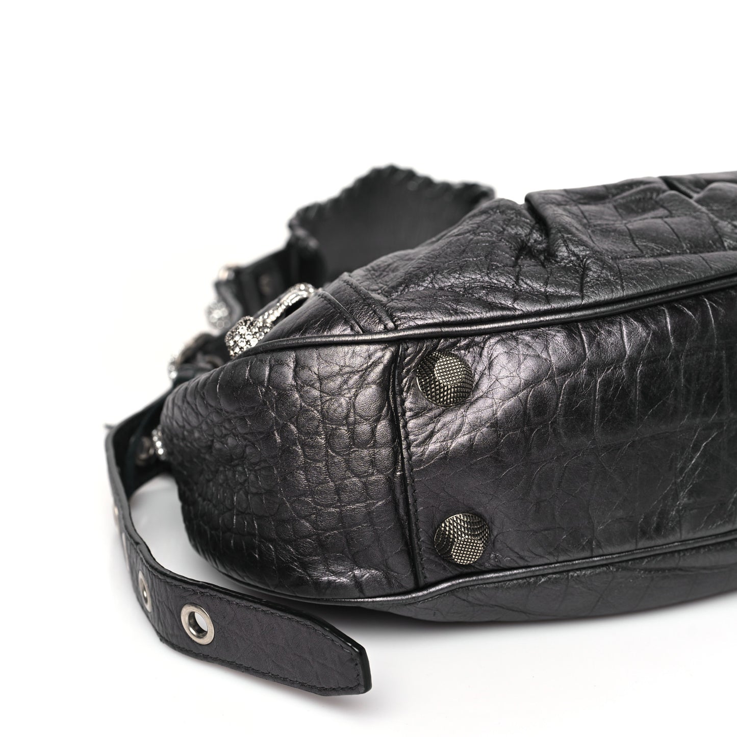 Metallic Calfskin Crocodile Embossed Crystal Small Le Cagole Shoulder Bag Gunmetal