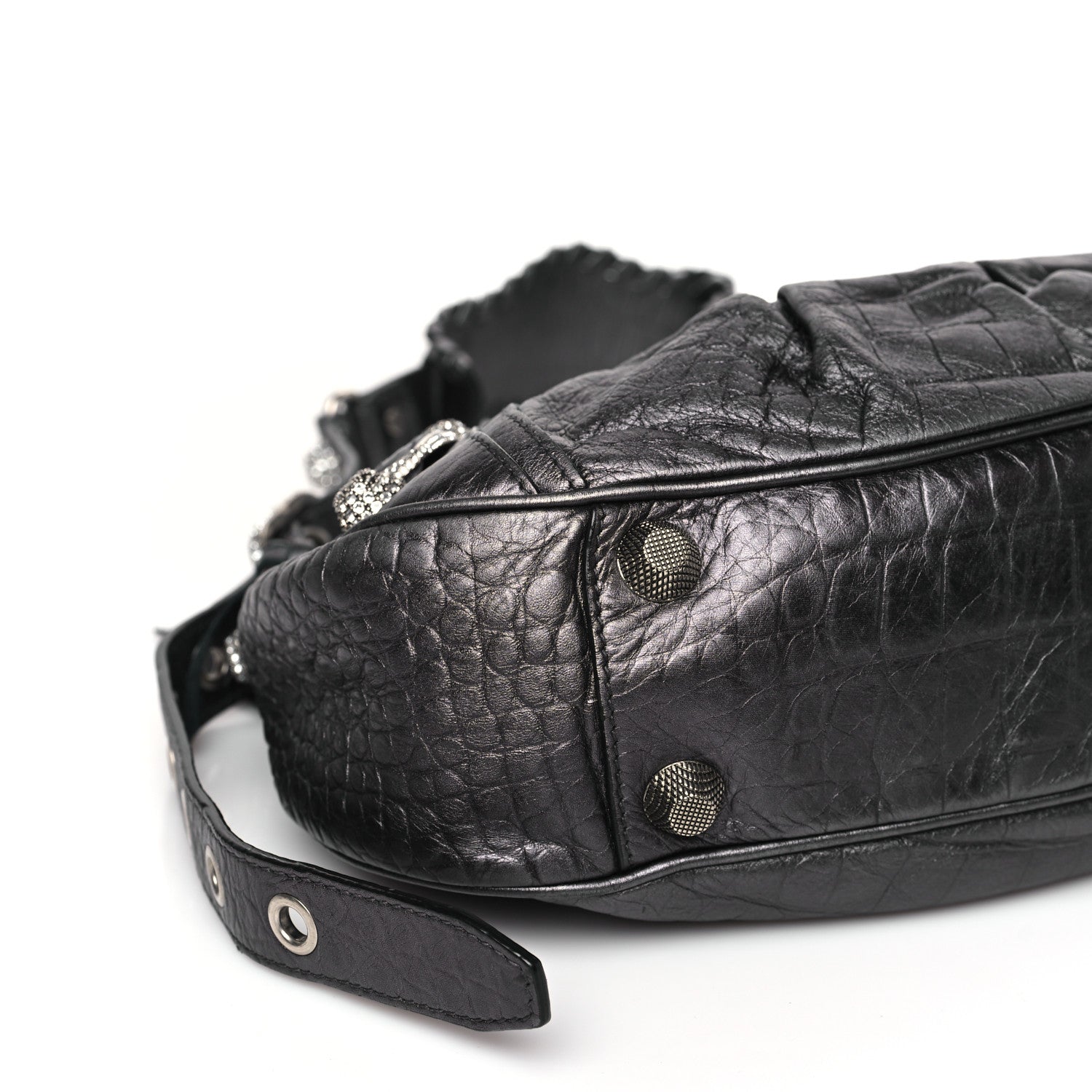 Balenciaga Metallic Calfskin Crocodile Embossed Crystal Small Le Cagole Shoulder Bag Gunmetal 8 of 9