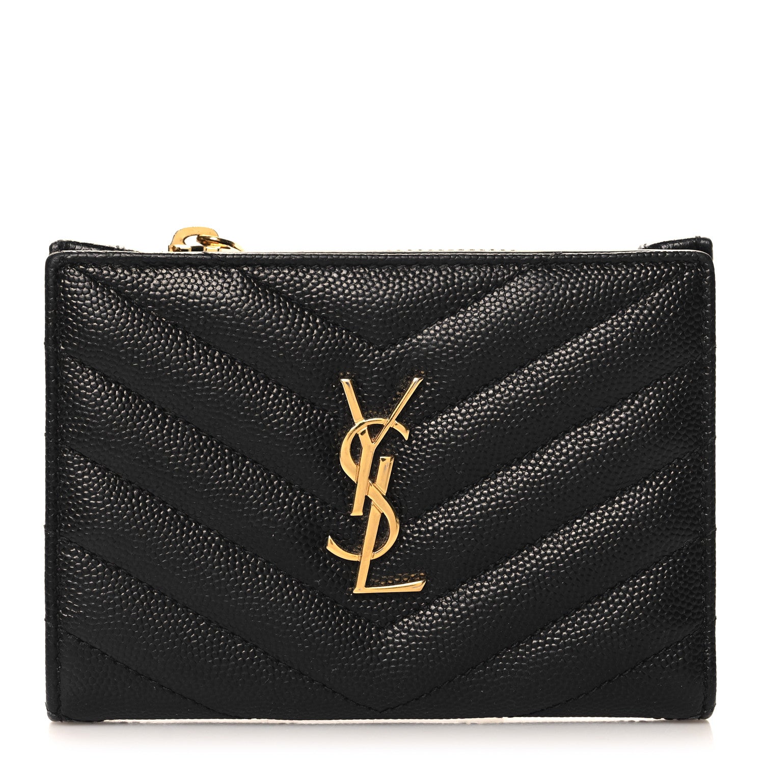 Saint Laurent Grain De Poudre Matelasse Chevron Monogram Zipped Two-Part Wallet Black 1 of 9