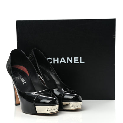 Chanel Patent Silver Cap Toe CC Pumps 38.5 Black 15 of 15