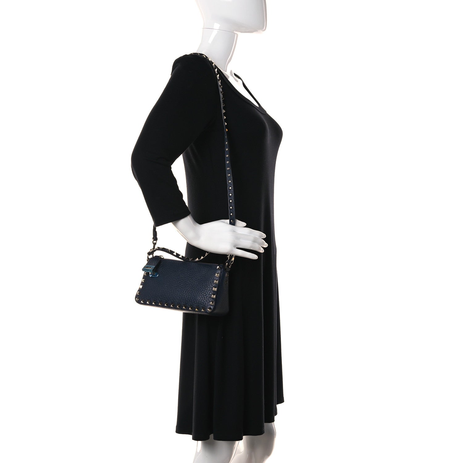 Valentino Garavani Pebbled Calfskin Small Rockstud Flip Lock Shoulder Bag Marine 2 of 9