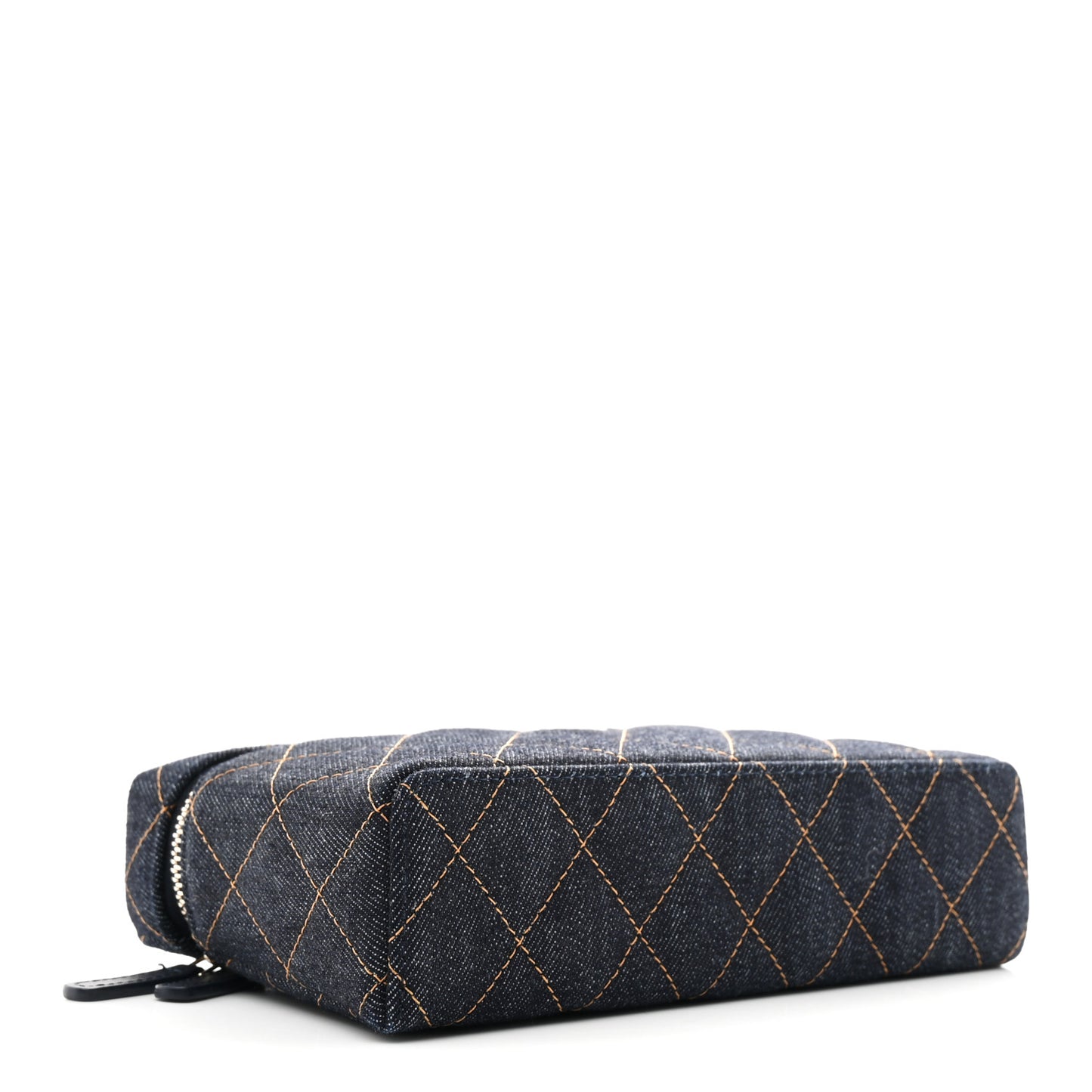 Denim Quilted Top Handle Slim Vanity Case With Chain Dark Blue Orange