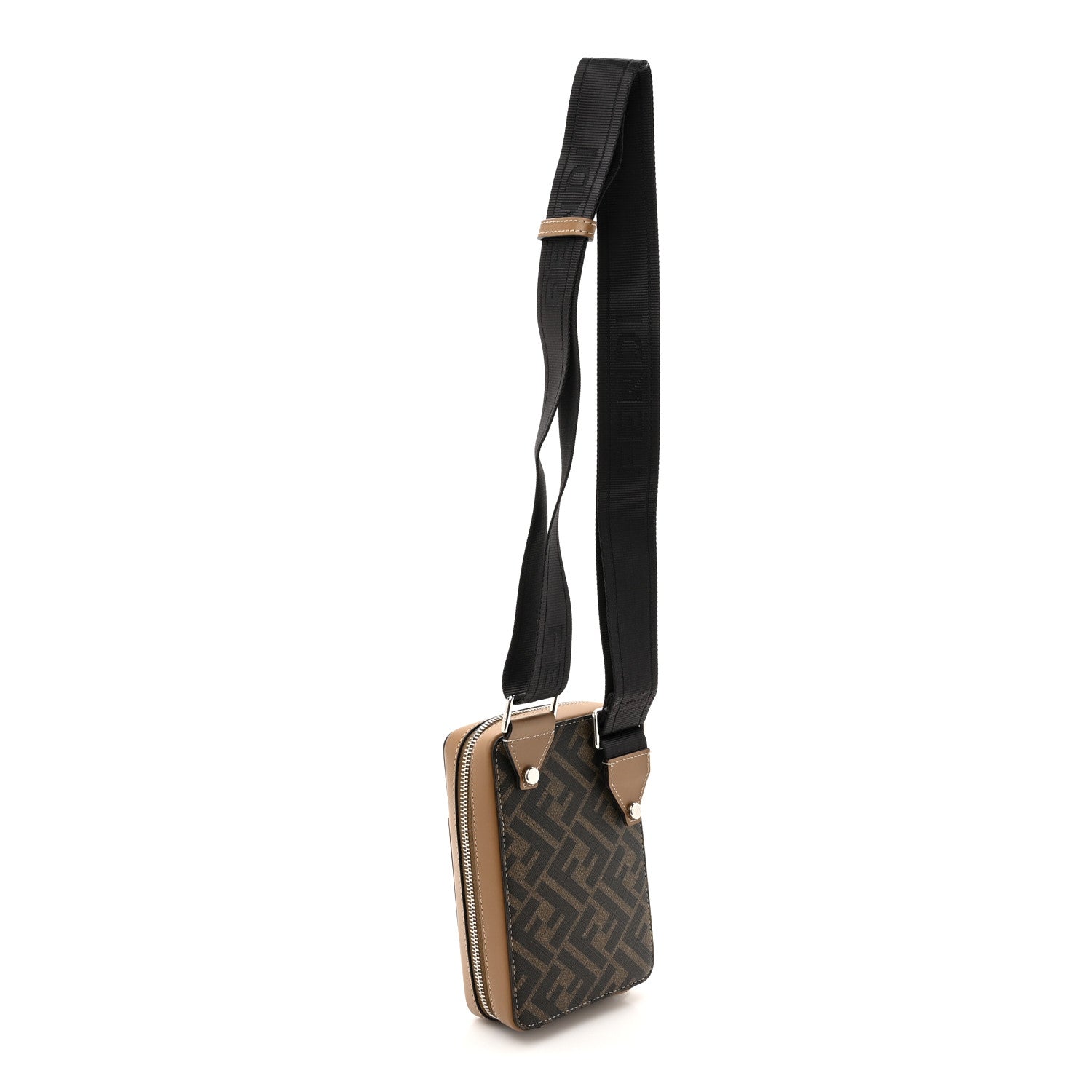 Fendi Glazed Fabric Vitello FF 1974 Bi-Color Phone Pouch Tobacco Moro Sand Black 2 of 11