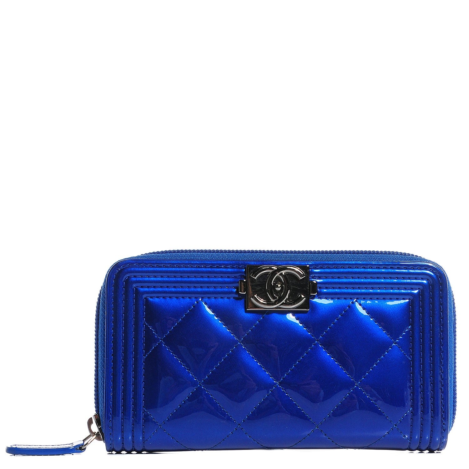 Chanel Metallic Patent Quilted Boy Zip Around Wallet Blue 1 of 9