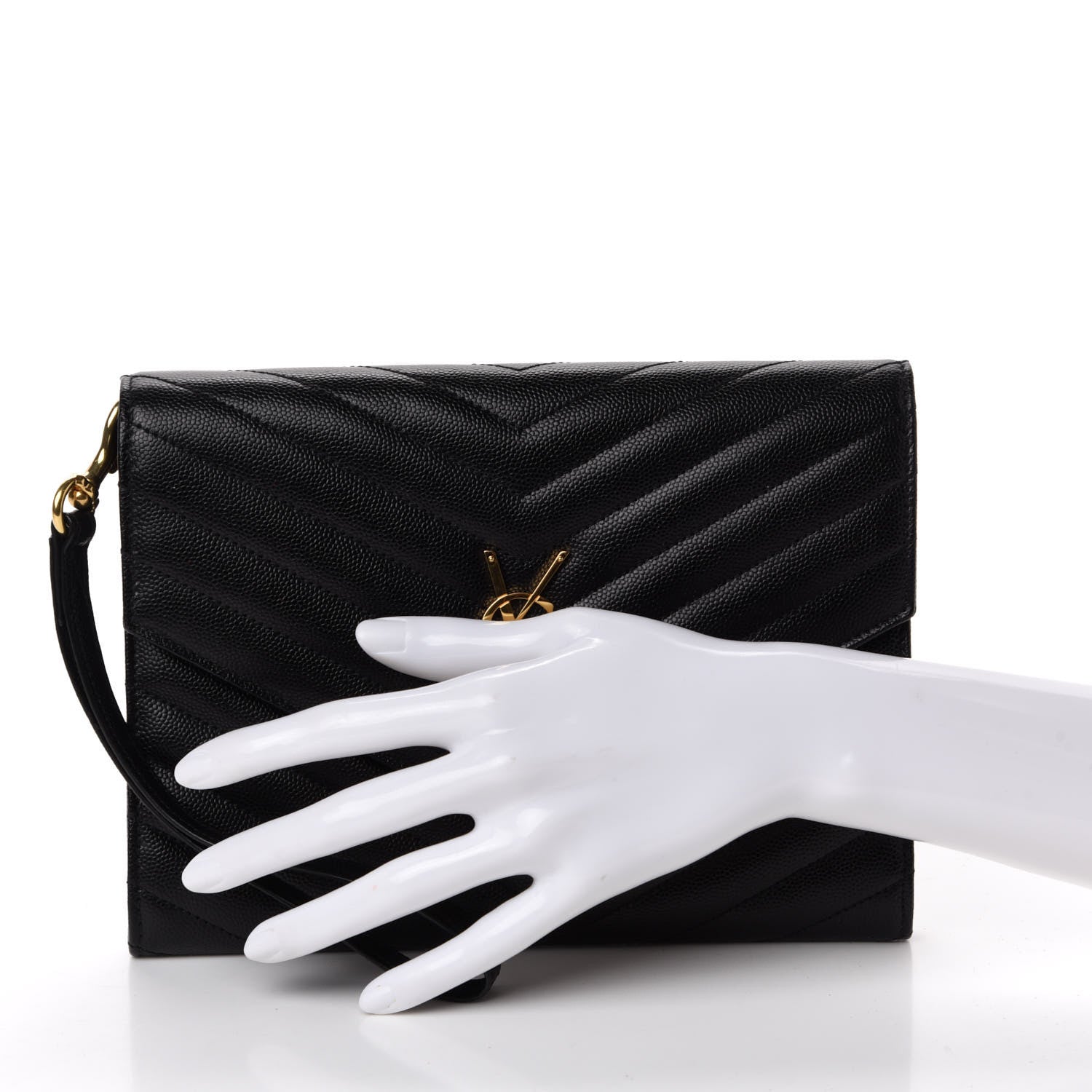 Saint Laurent Grain De Poudre Matelasse Chevron Monogram Envelope Clutch Black 2 of 11