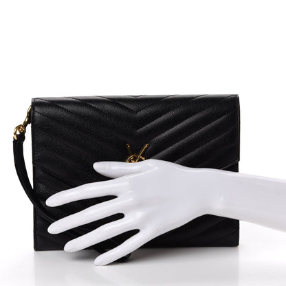 Saint Laurent Grain De Poudre Matelasse Chevron Monogram Envelope Clutch Black 2 of 11