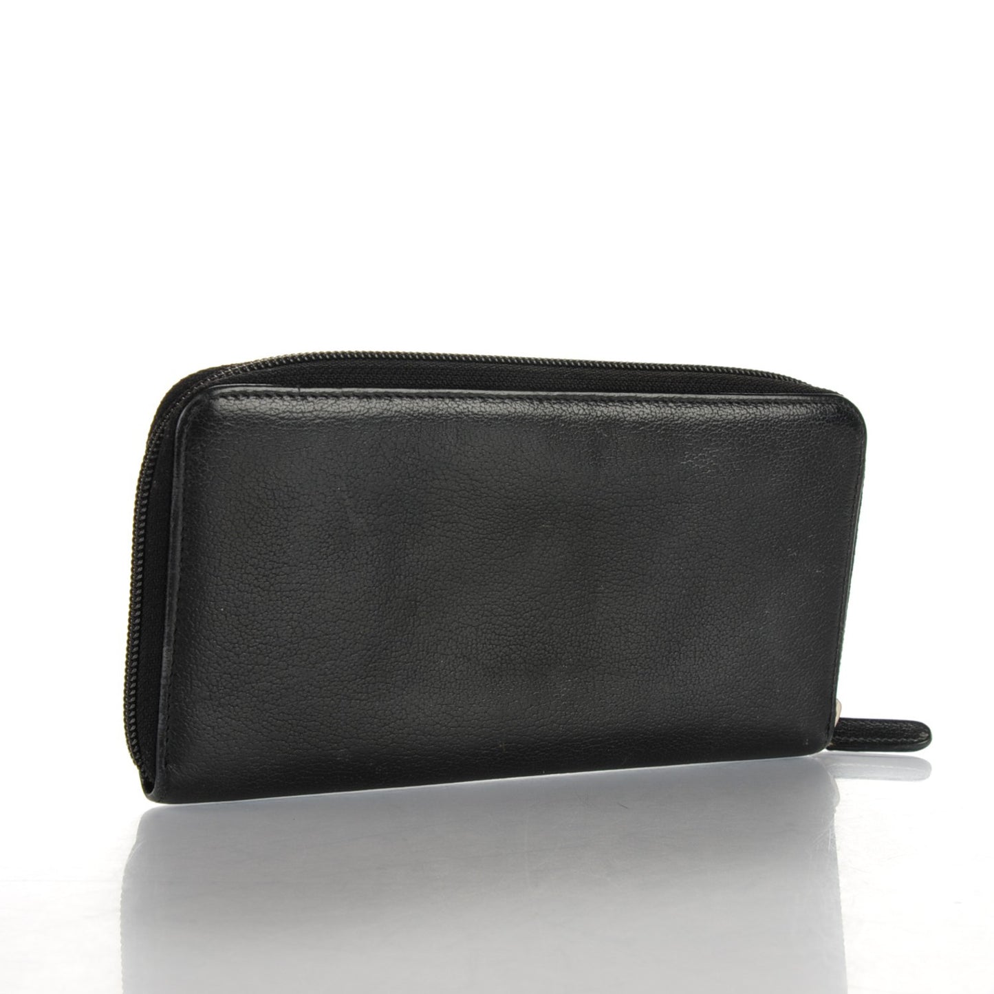 Goatskin Camellia Embossed Zip Around Wallet Black