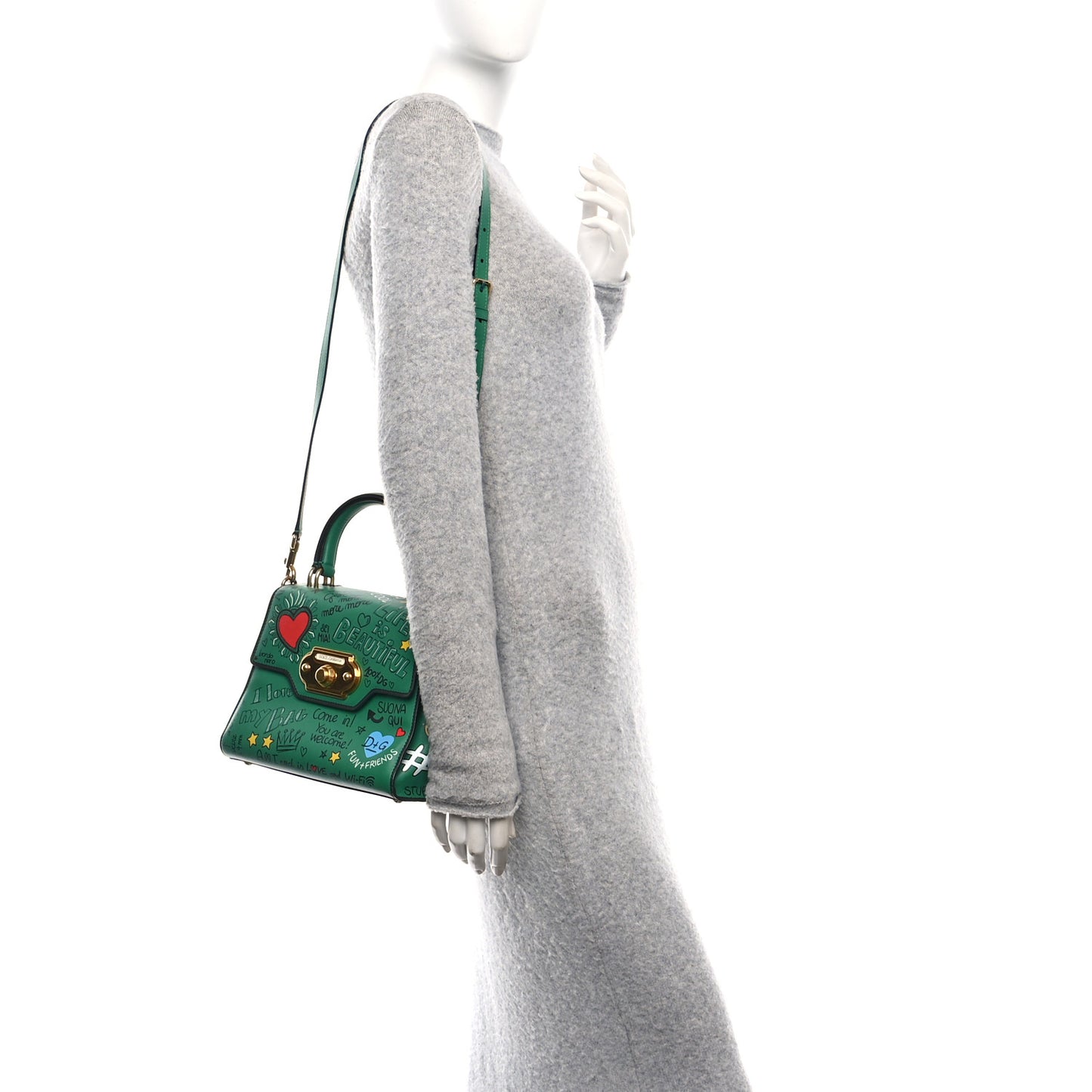 Calfskin Graffiti Printed Welcome Satchel Green Multicolor