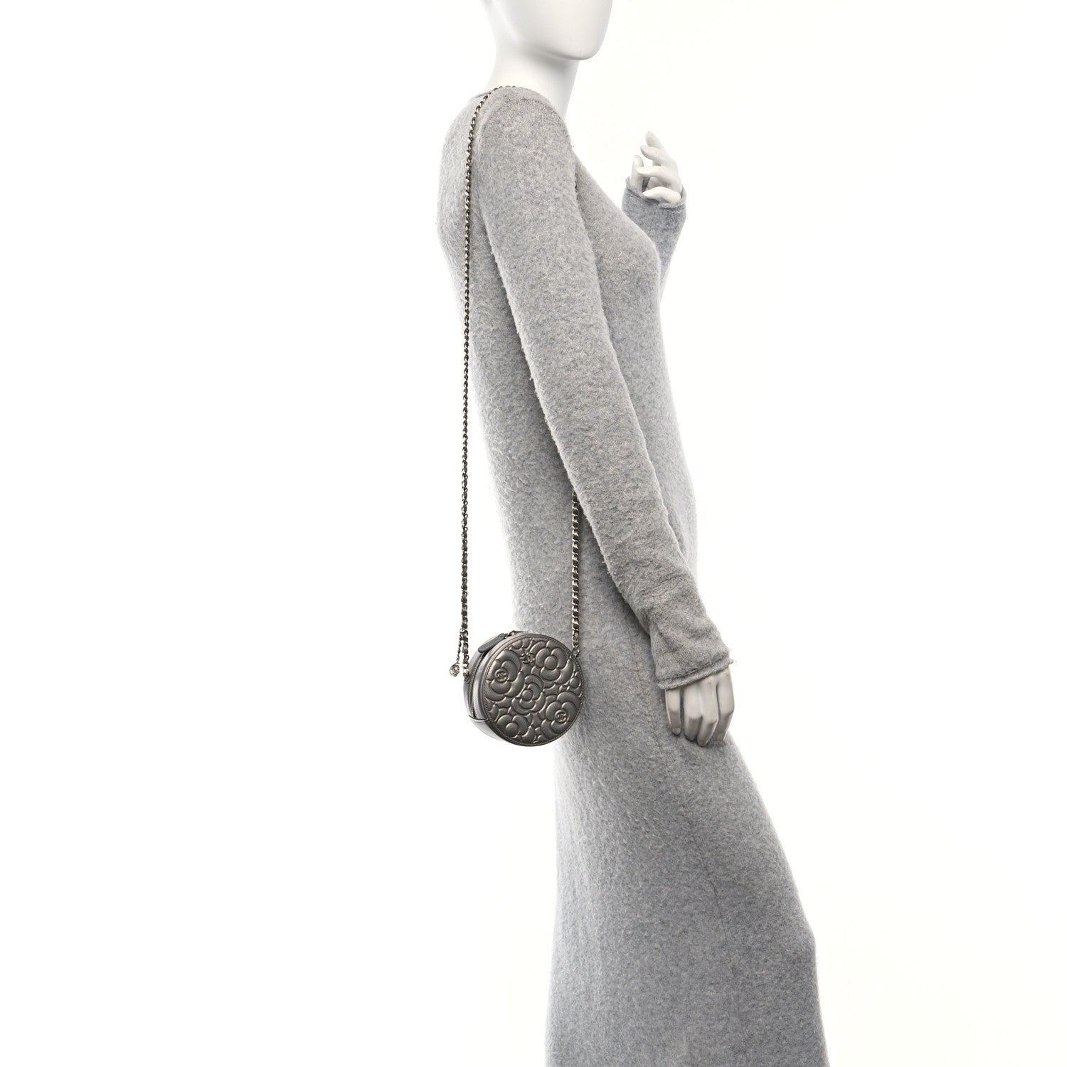 Chanel Goatskin Camellia Embossed Round Clutch With Chain Grey 2 of 11