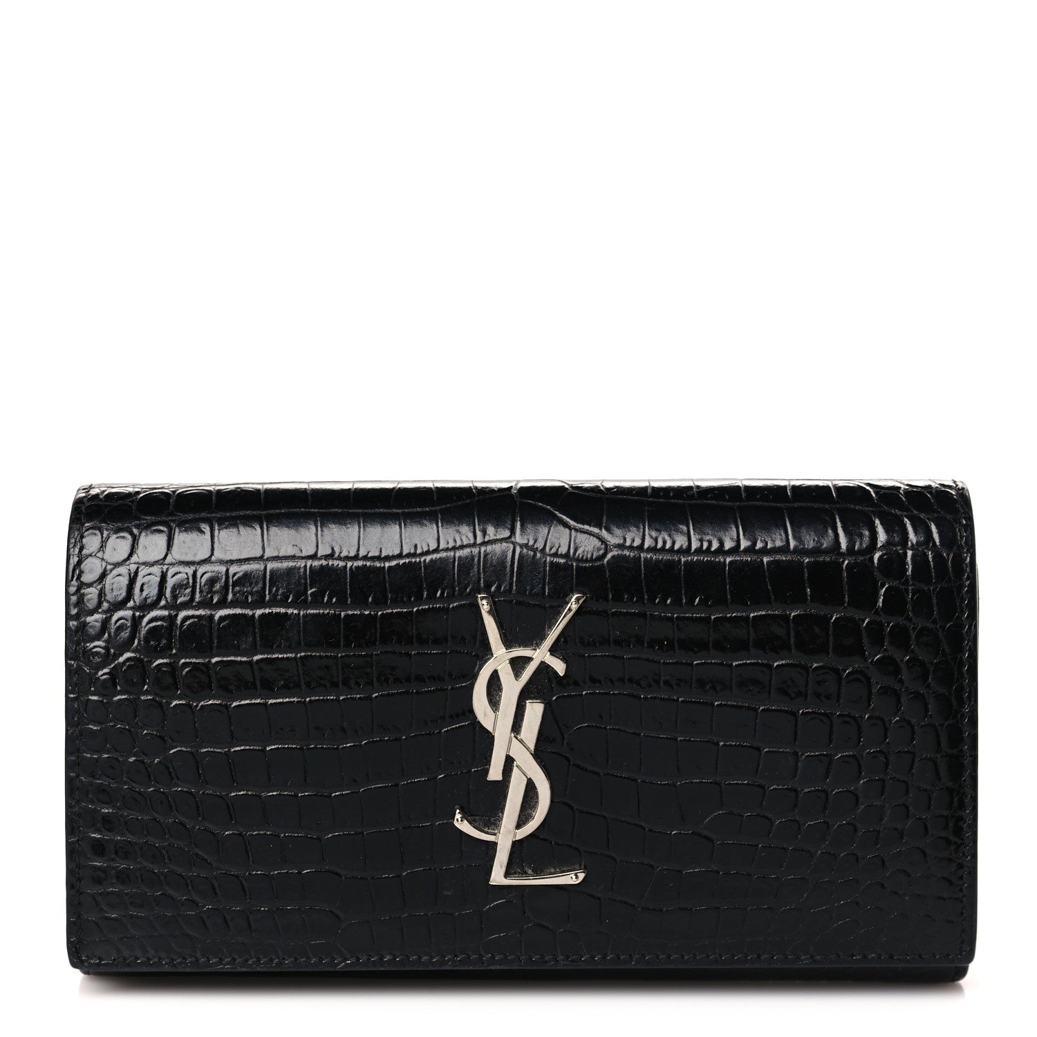 Saint Laurent Calfskin Crocodile Embossed Monogram Flap Wallet Black 1 of 8