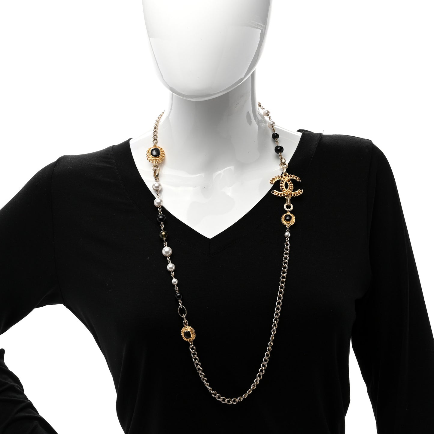 Enamel Pearl Bead CC Long Necklace Black Gold