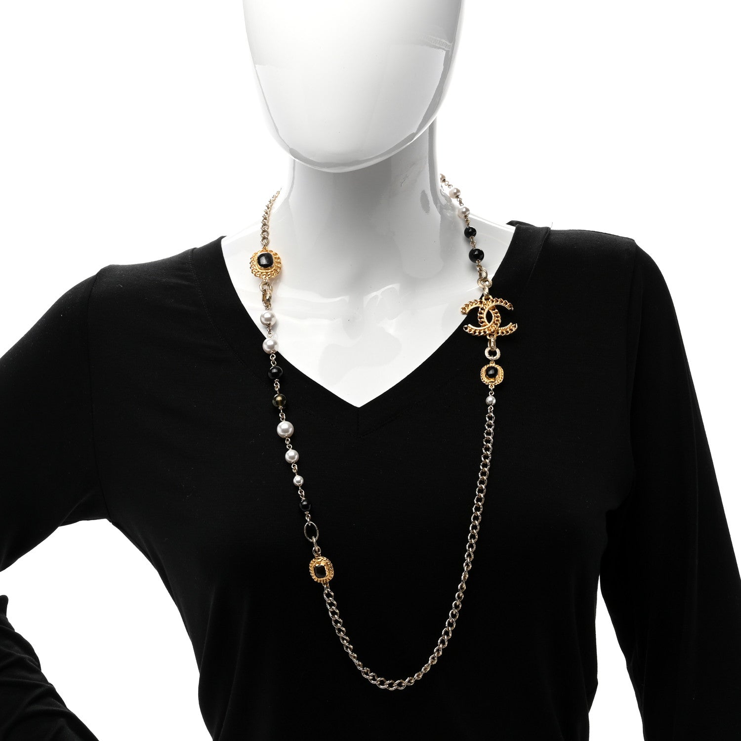 Chanel Enamel Pearl Bead CC Long Necklace Black Gold 2 of 4