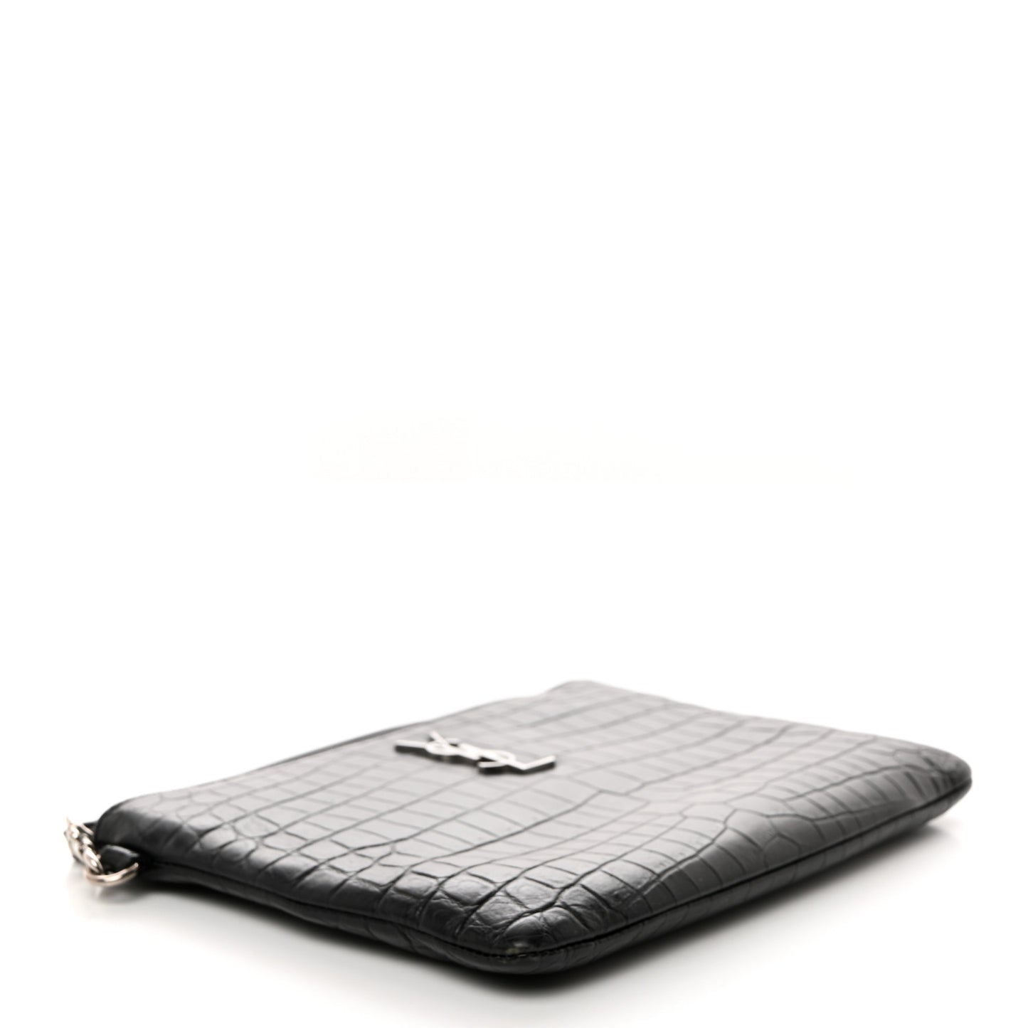 Calfskin Crocodile Embossed Monogram Zip Pouch Black