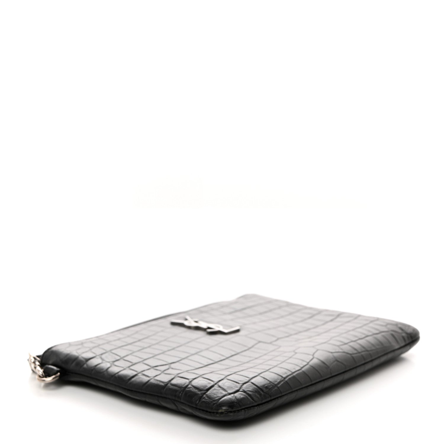 Saint Laurent Calfskin Crocodile Embossed Monogram Zip Pouch Black 4 of 9