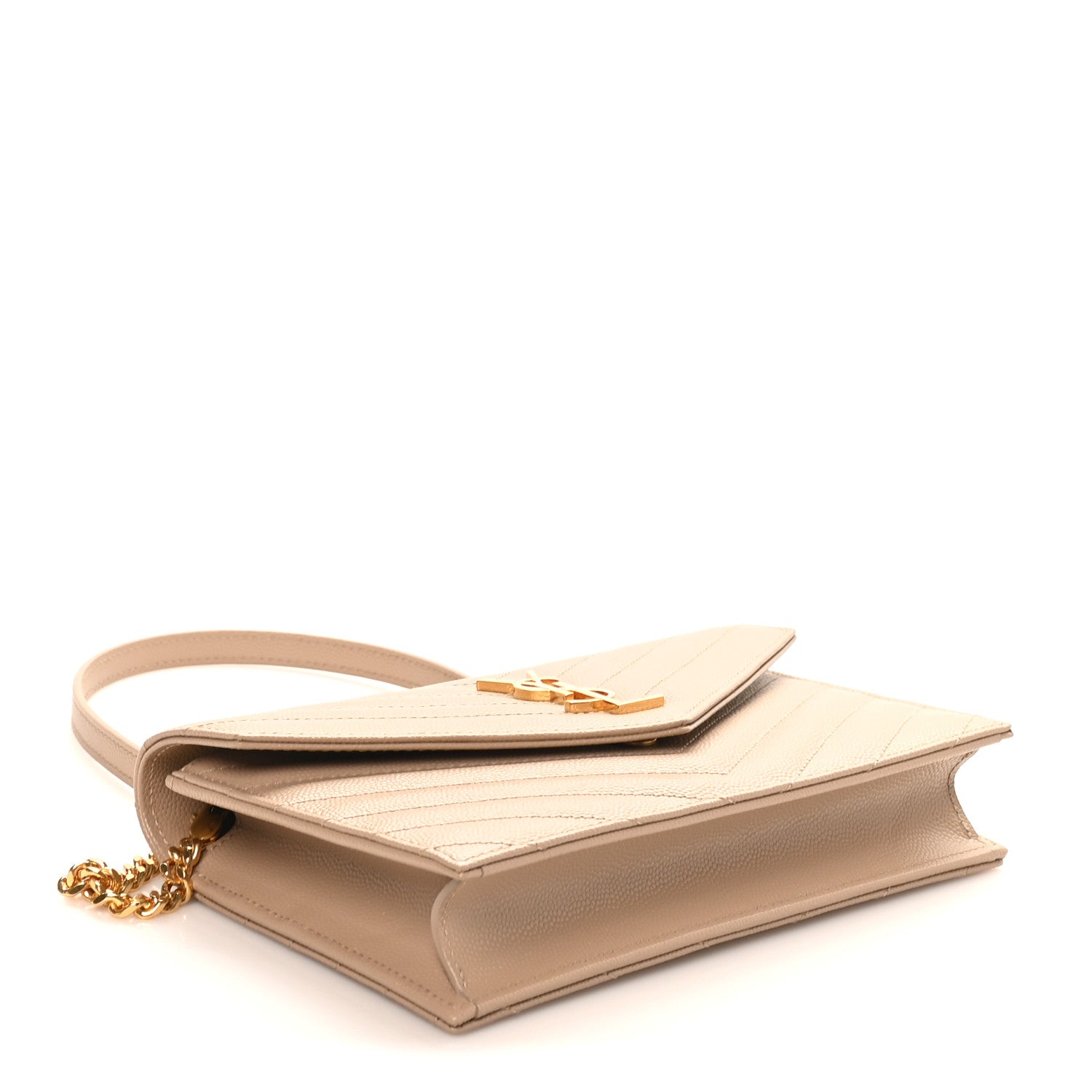 Saint Laurent Grain De Poudre Matelasse Chevron Monogram Envelope Chain Wallet Dark Beige 4 of 9