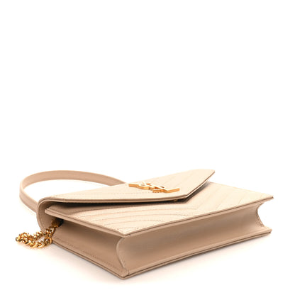 Saint Laurent Grain De Poudre Matelasse Chevron Monogram Envelope Chain Wallet Dark Beige 4 of 9