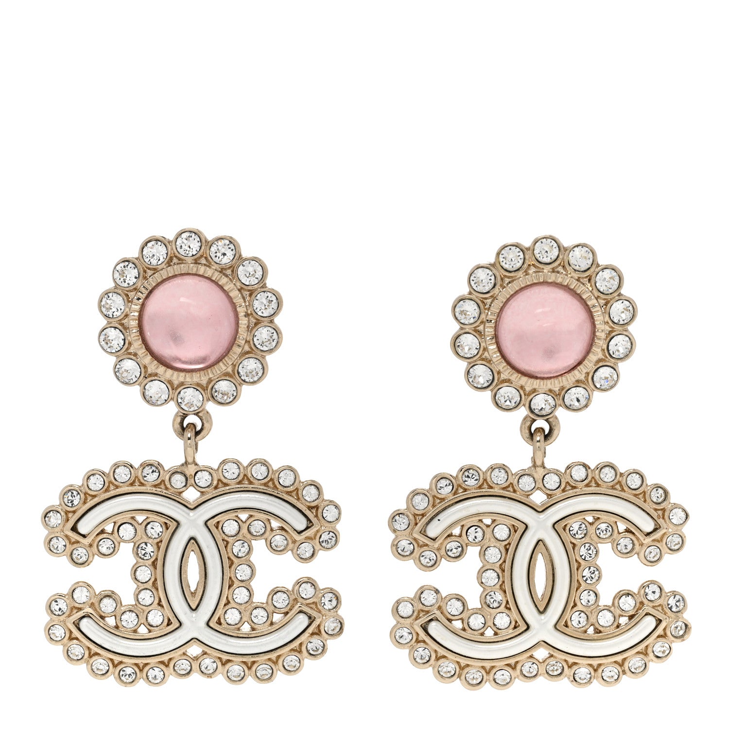 Chanel Metal Crystal Pearl CC Drop Earrings Pink Gold 1 of 5
